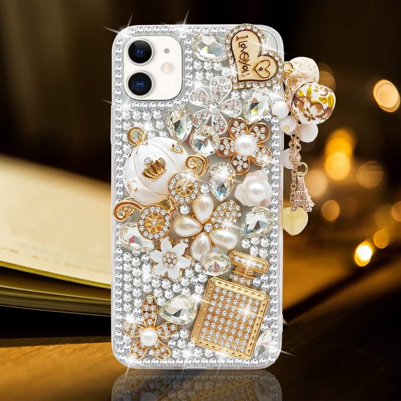 guppy for iPhone 12/12 Pro Case Women Luxury 3D Bling Shiny Rhinestone Diamond Crystal Pearl Handmade Pendant Iron Tower Pumpkin Car Flowers Soft Protective Anti-Fall Case for iPhone 12 6.1 inch - Image 1