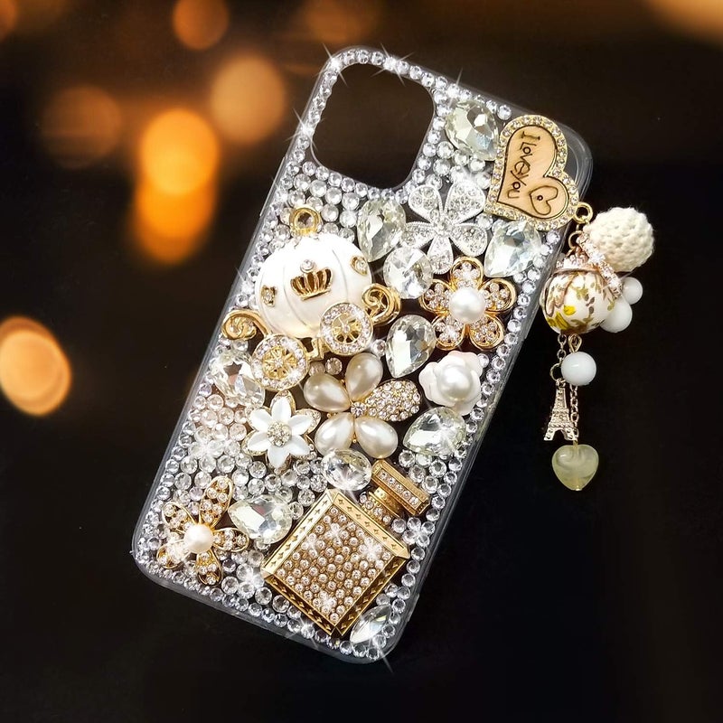 guppy for iPhone 12/12 Pro Case Women Luxury 3D Bling Shiny Rhinestone Diamond Crystal Pearl Handmade Pendant Iron Tower Pumpkin Car Flowers Soft Protective Anti-Fall Case for iPhone 12 6.1 inch - Image 5