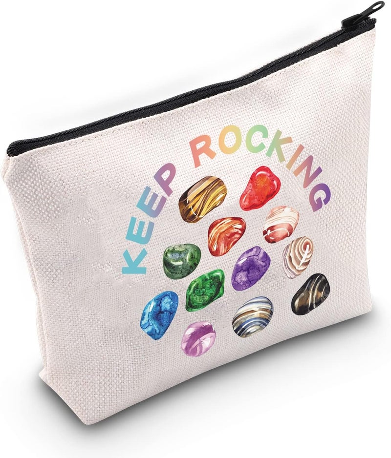 G2TUP Geologist Gift Keep Rocking Makeup Bag Geology Cosmetic Bag Rock Mineral Collector Gift Geology Lover Gift Zipper Travel Bag (Keep Rocking White Bag)