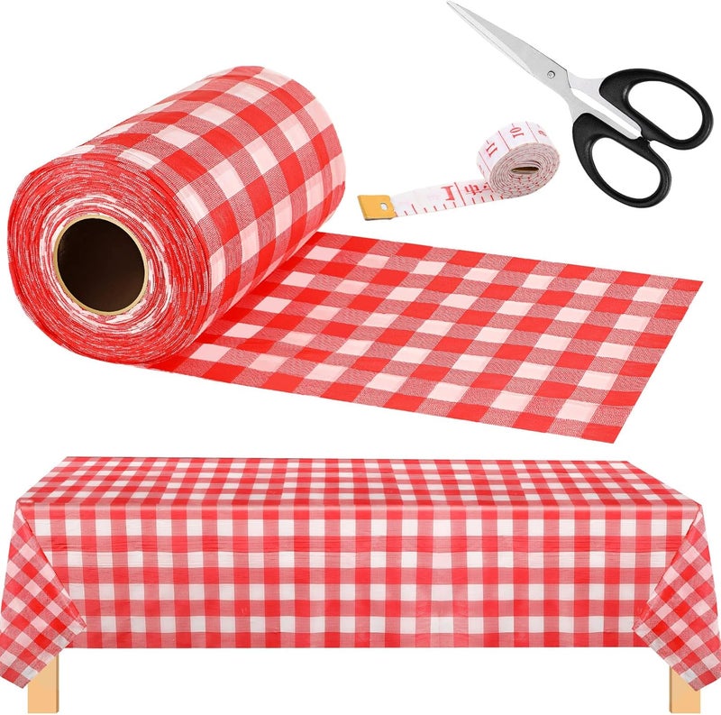 Tudomro Gingham Plastic Tablecloth Roll Buffalo Checkered Table Cover Waterproof 54 Inch x 197 Feet with Scissors and Tape Measure for Picnic Banquet Birthday Wedding Christmas RedWhite Plaid Style - Image 1