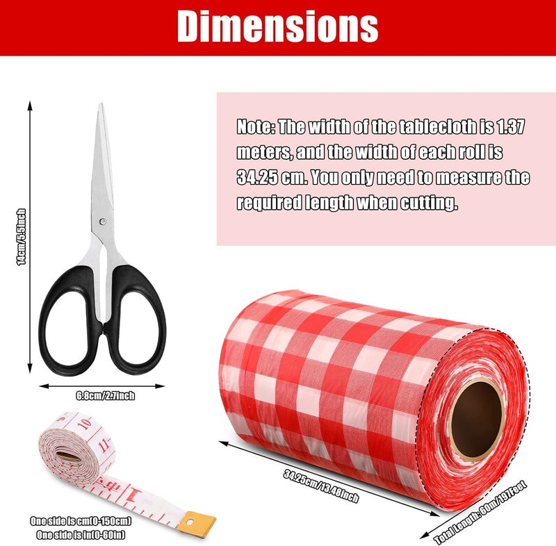 Tudomro Gingham Plastic Tablecloth Roll Buffalo Checkered Table Cover Waterproof 54 Inch x 197 Feet with Scissors and Tape Measure for Picnic Banquet Birthday Wedding Christmas RedWhite Plaid Style - Image 2