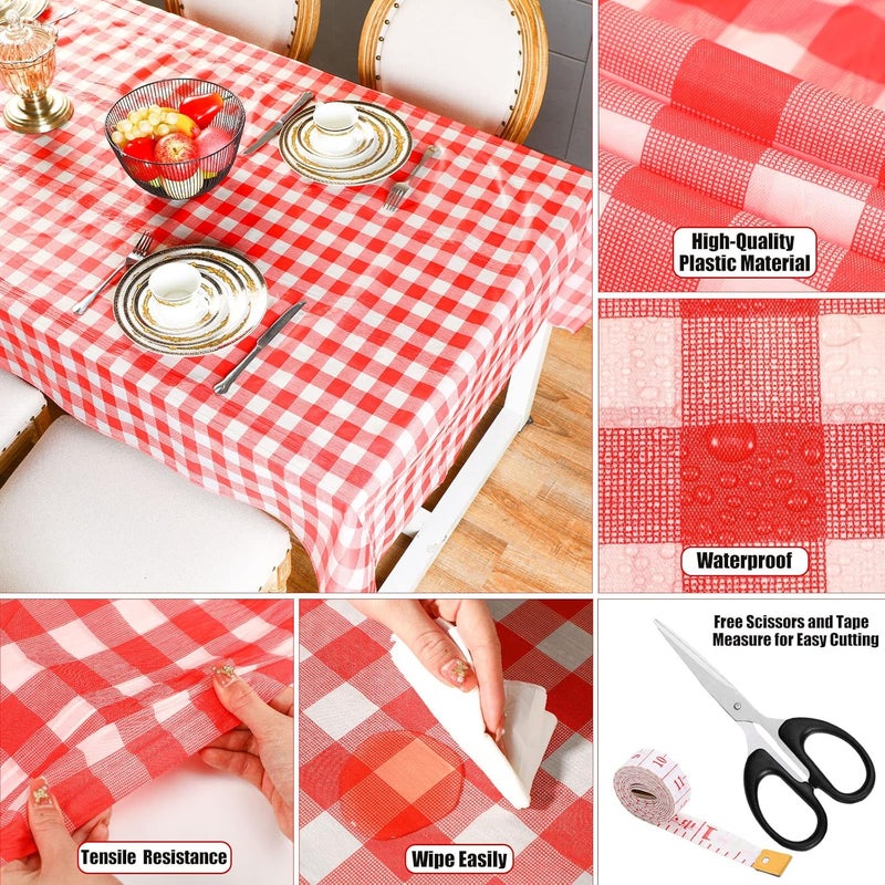 Tudomro Gingham Plastic Tablecloth Roll Buffalo Checkered Table Cover Waterproof 54 Inch x 197 Feet with Scissors and Tape Measure for Picnic Banquet Birthday Wedding Christmas RedWhite Plaid Style - Image 3