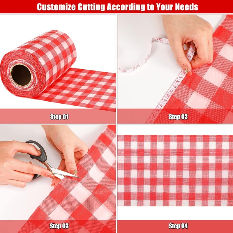 Tudomro Gingham Plastic Tablecloth Roll Buffalo Checkered Table Cover Waterproof 54 Inch x 197 Feet with Scissors and Tape Measure for Picnic Banquet Birthday Wedding Christmas RedWhite Plaid Style - Image 5