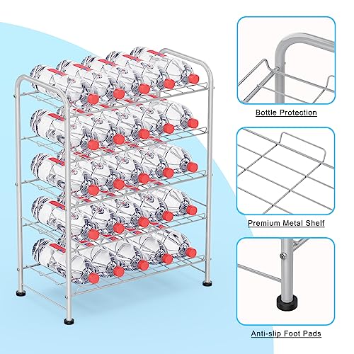 BTY 5 Tier Water Bottle Organizer Small Water Bottle Holder Stand Freestanding Metal Bottled Water Rack Dispenser for Kitchen, Pantry Organization and Storage, Silver - Image 3
