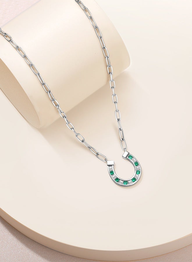 Moonmory 925 Sterling Silver Horseshoe Pendant Necklace for Women with Green Stones and Square Zircon, Lucky Guard Platinum Plated U Shape Necklace with 50CM Adjustable Paper Clip Chain, Ramadan, Mother’s Day, Valentine’s Day Gift - Image 5