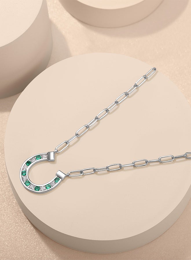 Moonmory 925 Sterling Silver Horseshoe Pendant Necklace for Women with Green Stones and Square Zircon, Lucky Guard Platinum Plated U Shape Necklace with 50CM Adjustable Paper Clip Chain, Ramadan, Mother’s Day, Valentine’s Day Gift - Image 3