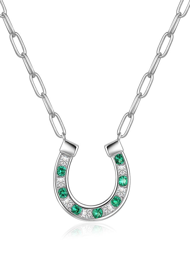 Moonmory 925 Sterling Silver Horseshoe Pendant Necklace for Women with Green Stones and Square Zircon, Lucky Guard Platinum Plated U Shape Necklace with 50CM Adjustable Paper Clip Chain, Ramadan, Mother’s Day, Valentine’s Day Gift - Image 1