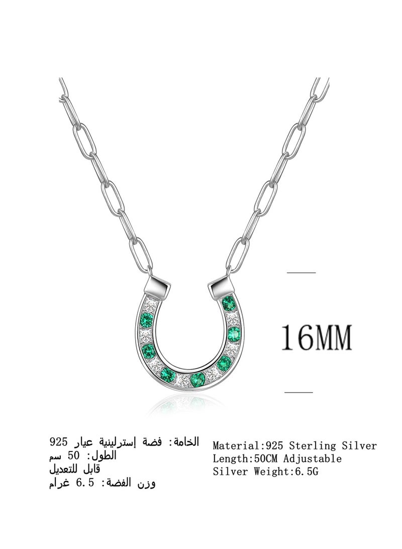 Moonmory 925 Sterling Silver Horseshoe Pendant Necklace for Women with Green Stones and Square Zircon, Lucky Guard Platinum Plated U Shape Necklace with 50CM Adjustable Paper Clip Chain, Ramadan, Mother’s Day, Valentine’s Day Gift - Image 2