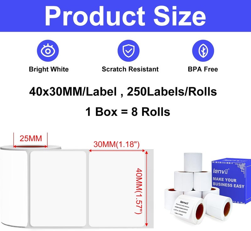 LENVII 40x30mm (1.57"x1.18") Thermal Labels 2000 Sheets -8 Rolls × 250 Labels, 3-Proof (Water/Oil/Scratch) Multi-Use Adhesive Stickers for Address/Barcode/FNSKU Tags -Home/Office/Product/Gift Labeling - Image 2