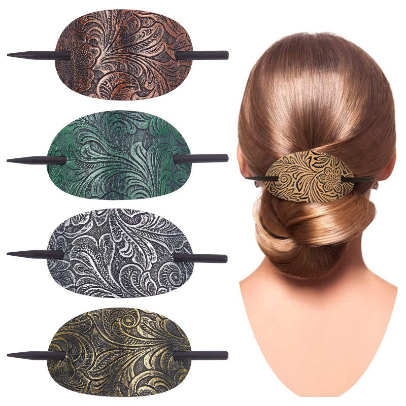 NICENEEDED 4Pcs Vintage Faux Leather Hair Accessories Barrettes Oval Ponytail Holders Hair Slides for Women Girls