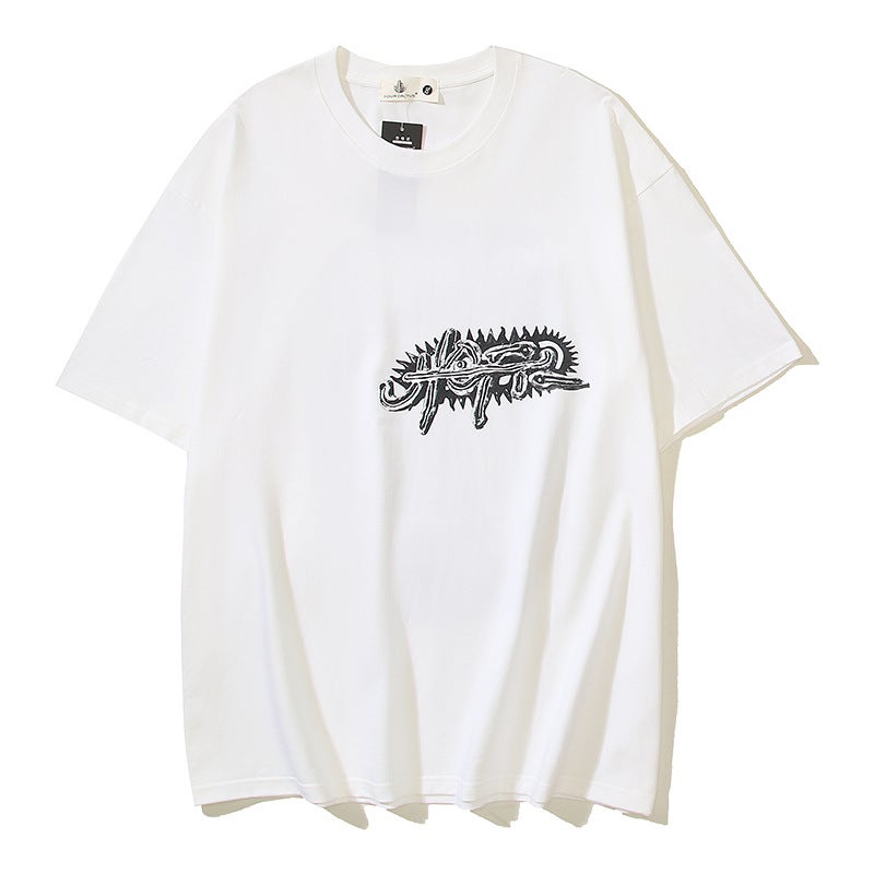 American Style High Street Trendy Travis Scott Vintage Wheels Printed Street Unisex Loose Casual Short Sleeve T-Shirt White