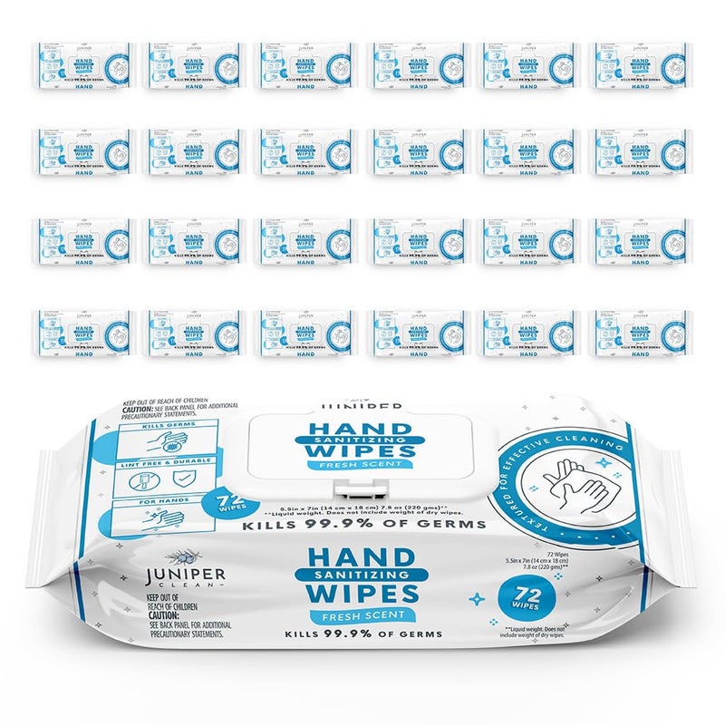 Juniper CLEAN, 24 Pack Hand Sanitizing Wipes, 1728 Count Disposable Hand Sanitizer Wipes, Fresh Scent, Lint Free & Durable - Image 1