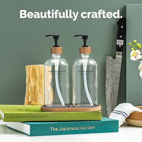 Vine Creations Clear Glass Soap Dispenser Set, Hand Soap and Dish Soap Dispenser Set with Bamboo Tray, 16 oz Glass Dispensers Bottle for Kitchen and Bathroom Decor Modern Boho with Bamboo Pump (Clear) - Image 2