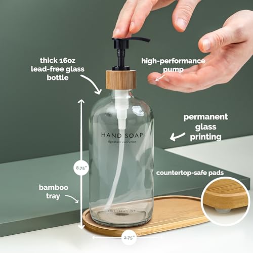 Vine Creations Clear Glass Soap Dispenser Set, Hand Soap and Dish Soap Dispenser Set with Bamboo Tray, 16 oz Glass Dispensers Bottle for Kitchen and Bathroom Decor Modern Boho with Bamboo Pump (Clear) - Image 5