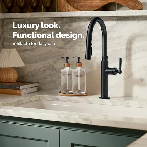 Vine Creations Clear Glass Soap Dispenser Set, Hand Soap and Dish Soap Dispenser Set with Bamboo Tray, 16 oz Glass Dispensers Bottle for Kitchen and Bathroom Decor Modern Boho with Bamboo Pump (Clear) - Image 3