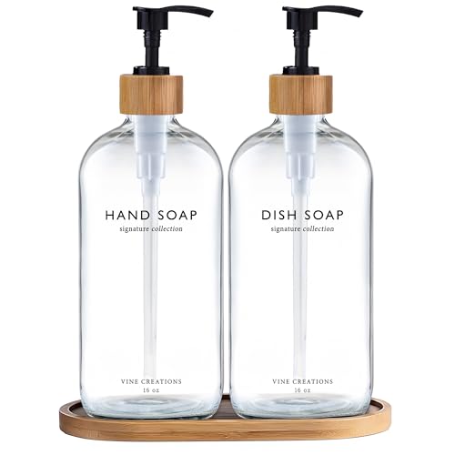 Vine Creations Clear Glass Soap Dispenser Set, Hand Soap and Dish Soap Dispenser Set with Bamboo Tray, 16 oz Glass Dispensers Bottle for Kitchen and Bathroom Decor Modern Boho with Bamboo Pump (Clear) - Image 1