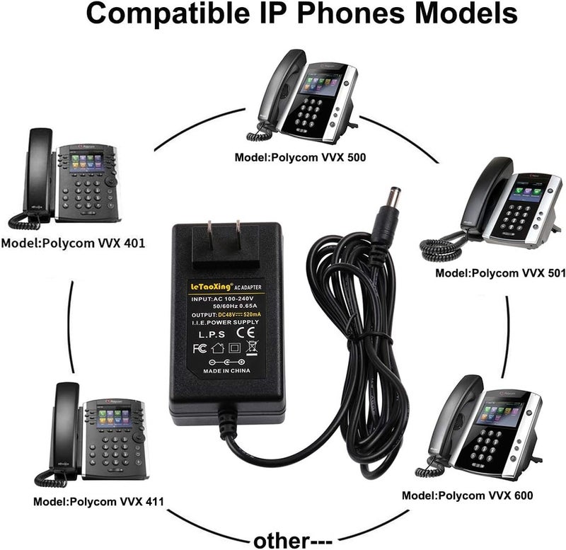 COOLM 48V Power Adapter Supply for Polycom VVX 411 Power Supply, Polycom IP Phones VVX 300, 301, 310, 311, 400, 401, 410, 500, 501, 511, 600, 601, 611,Avaya Phones 1110, 1120e, 1140e, 1210, 1220, 1230 - Image 2