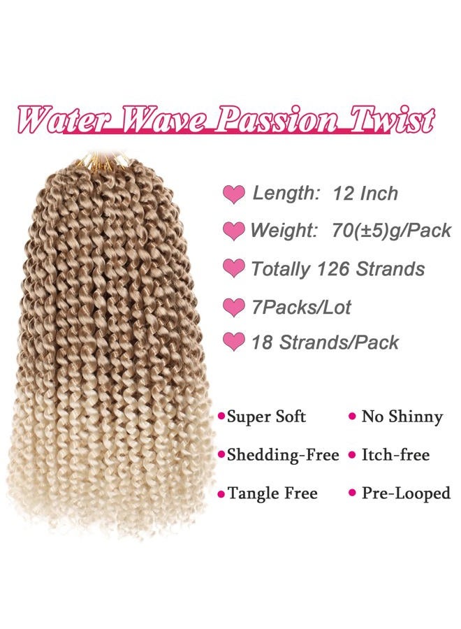 Leeven 7 Packs 12 Inch Passion Twist Hair Ombre Blonde Water Wave Crochet Braids for Passion Twist Crochet Braiding Hair Short Bob Distressed Butterfly Locs Hair Extensions T27/613# - Image 2