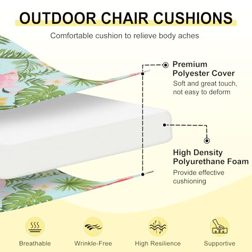 downluxe Outdoor Chair Cushions Set of 4 for Patio Furniture WaterResistant Patio Chair Cushions with Ties High Density Foam Outdoor Seat Cushion 17 X 16 X 2 Tropical Flamingo - Image 3