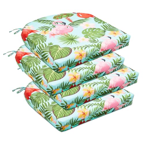 downluxe Outdoor Chair Cushions Set of 4 for Patio Furniture WaterResistant Patio Chair Cushions with Ties High Density Foam Outdoor Seat Cushion 17 X 16 X 2 Tropical Flamingo - Image 1