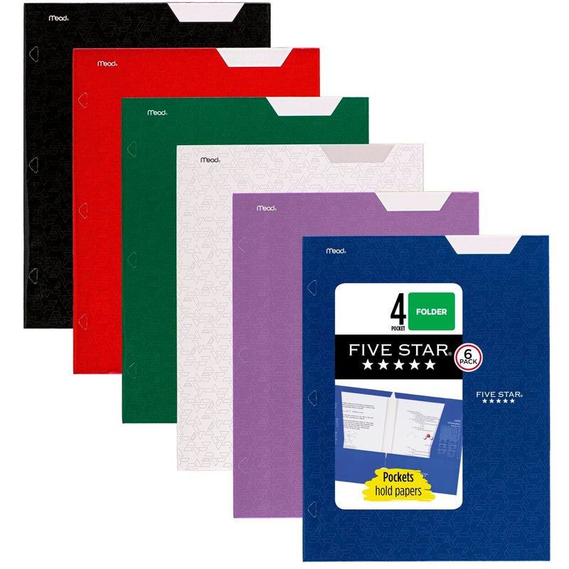 Five Star 4 Pocket Folders, 6 Pack, Paper Folders, Fits 3-Ring Binders, Holds 8-1/2" x 11" Paper, Writable Label, Black, Fire Red, Forest Green, Pacific Blue, White, Amethyst Purple (38058) - Image 1