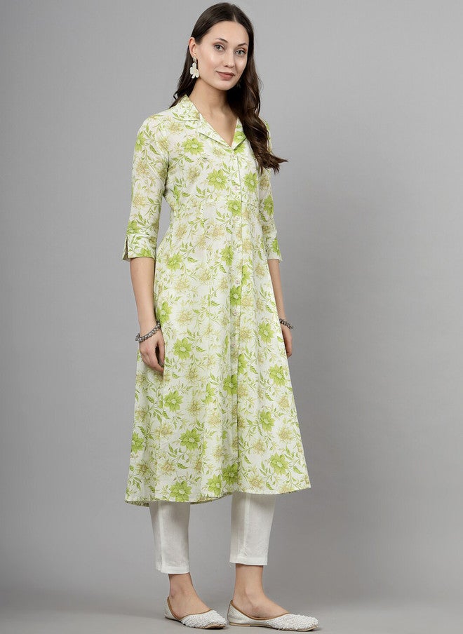 LARGISH Floral Printed Shirt Collar Cotton Straight Kurta in Green & White - Image 3