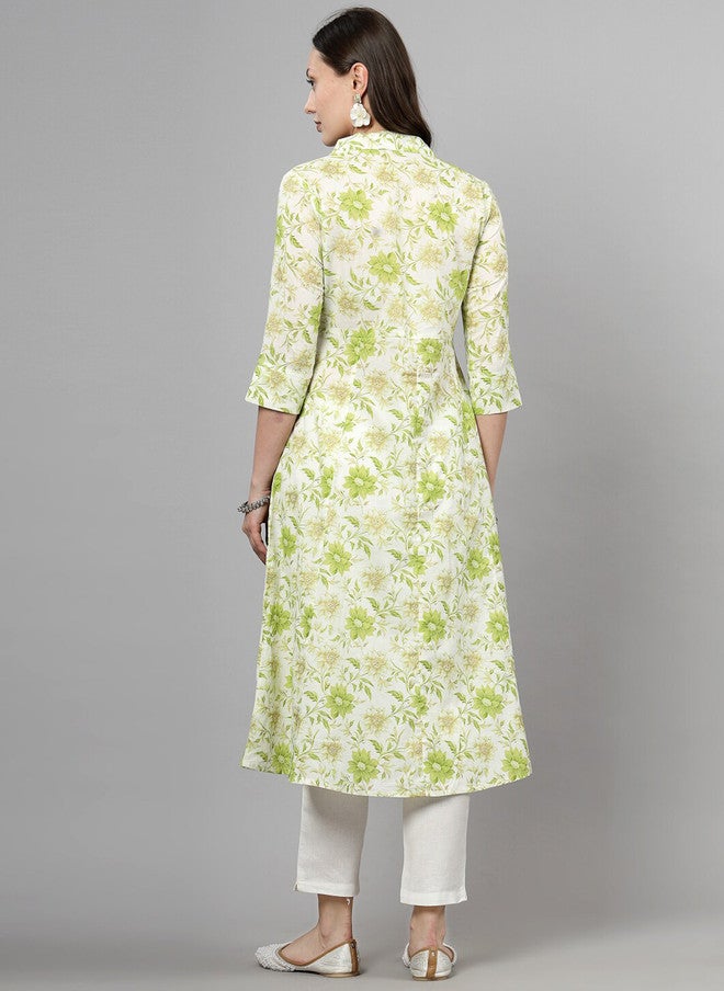 LARGISH Floral Printed Shirt Collar Cotton Straight Kurta in Green & White - Image 5