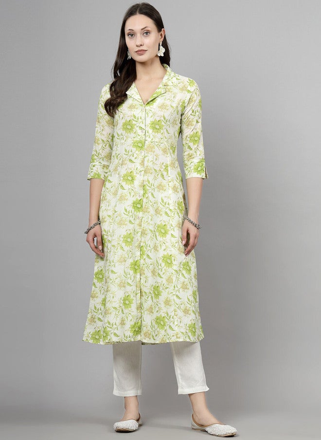 LARGISH Floral Printed Shirt Collar Cotton Straight Kurta in Green & White - Image 1