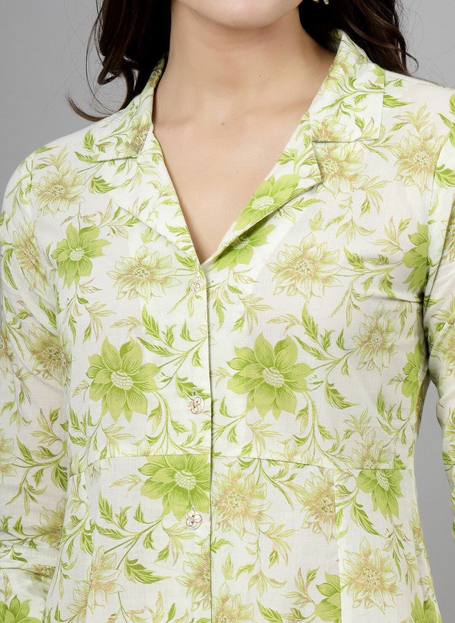 LARGISH Floral Printed Shirt Collar Cotton Straight Kurta in Green & White - Image 2