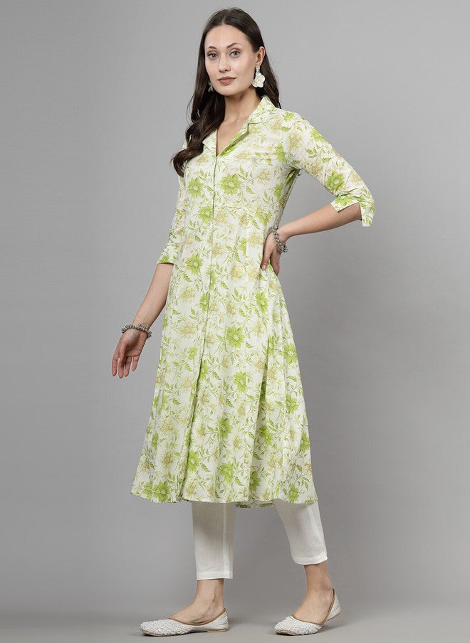 LARGISH Floral Printed Shirt Collar Cotton Straight Kurta in Green & White - Image 4
