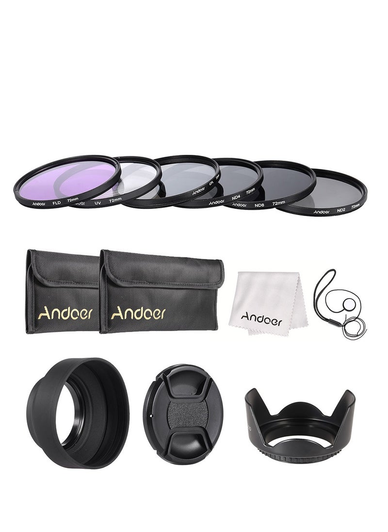 ANDOER 72mm Lens Filter Kit, UV+CPL+FLD+ND(ND2 ND4 ND8), with Carry Pouch, Lens Cap, Lens Cap Holder, Tulip and Rubber Lens Hoods, Cleaning Cloth  - Image 1