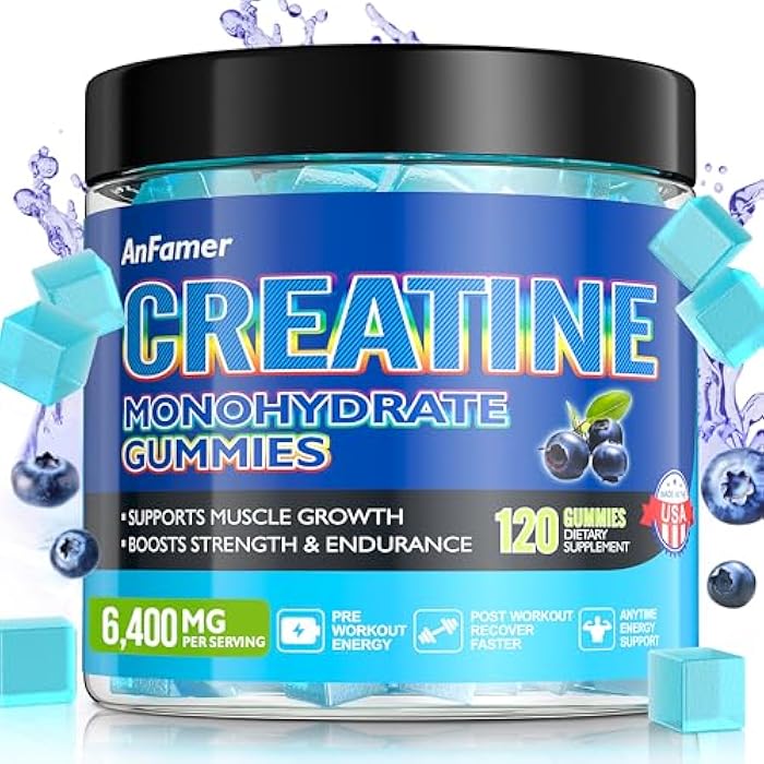 AnFamer Creatine Monohydrate Gummies for Men & Women, Increase Strength and Build Muscle, Energy & Booty Gain, Preworkout Supplement, Sugar Free, Vegan, Chewables Blueberry Flavor-120 Count - Image 1