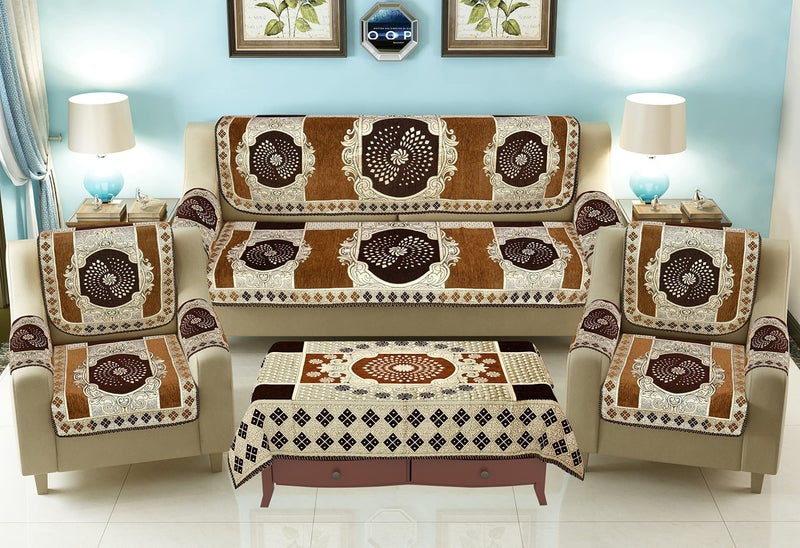 jayvaam SAWNA Homes 5 Seater Sofa Cover with Centre Table Mat | Chenille & Jackquard Sofa Panel 16 Pcs Set with Arm Cover 3+1+1 | 3+2 Seater Couch Cover for Living Room, Coffee - Image 1