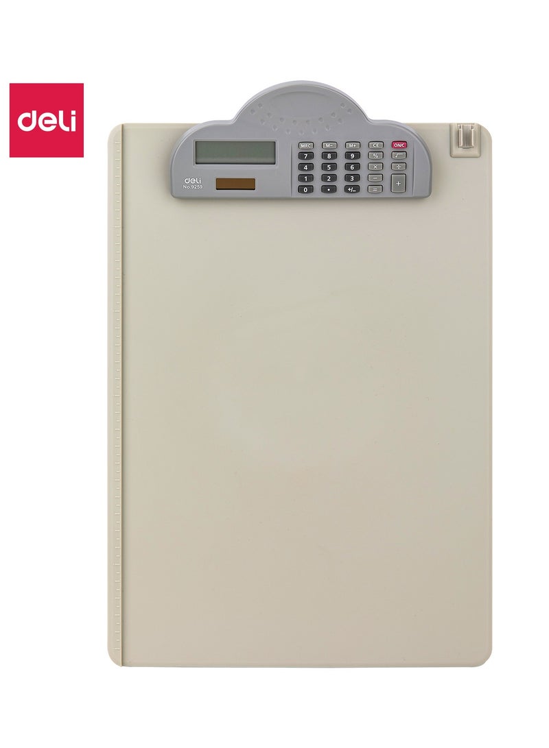 Deli E9259 A4 ABS Clipboard with Hook and 8-Digit Calculator, 3mm Thickness, Single-Sided, Gray - Image 1