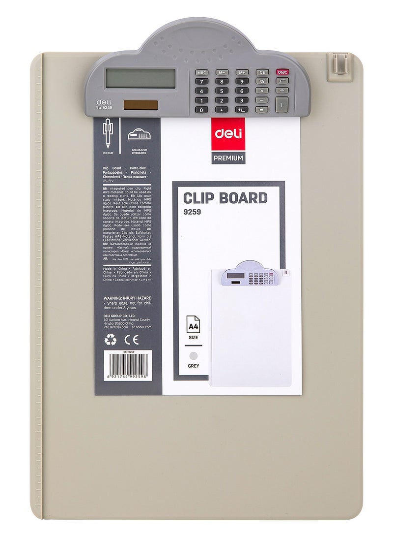 Deli E9259 A4 ABS Clipboard with Hook and 8-Digit Calculator, 3mm Thickness, Single-Sided, Gray - Image 5