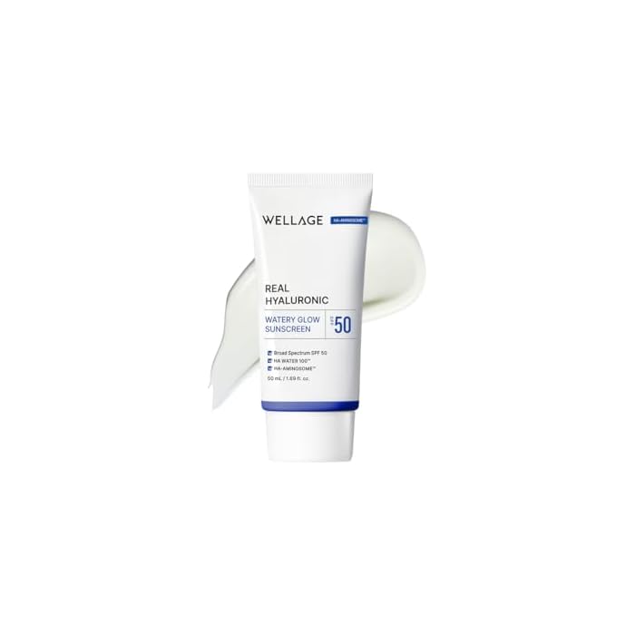 WELLAGE Real Hyaluronic Watery Glow Sunscreen SPF50 - Broad Spectrum UV Protection with 6 Types Hyaluronic Acid, No White Cast, K-Beauty Face Sunscreen, 1.69 fl.oz