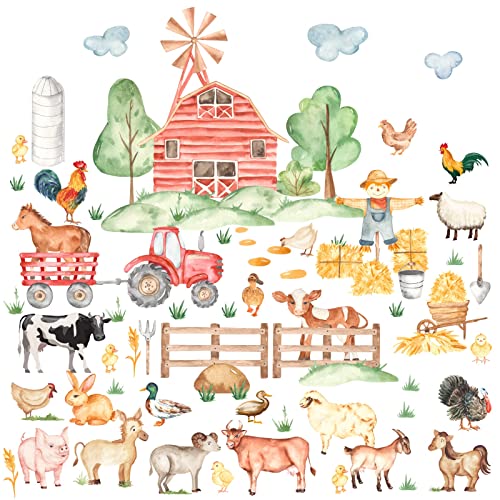 Watercolor Farm Animal Wall Stickers Cartoon Animal Wall Decals Cow Horse Chicken Rooster Wall Stickers Peel and Stick Cute Funny Animal Wall Decals for Bedroom Nursery Playroom Decor