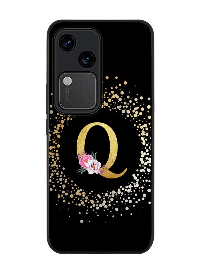 Stylizedd Rugged Black edge case for Vivo V30 5G, Slim fit Flexible Cover -  Custom Monogram Initial Letter Floral Pattern Alphabet - Q ( Black ) - Image 1