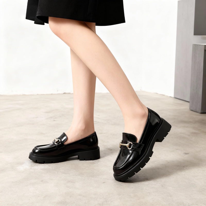 Vera Creation Women's Chunky Platform Loafers with Buckle Patent Leather Black Penny Loafers Fashion Office Work Business School Dressy Casual Shoes Comfortable Slip-on (Black+Gold Buckle Pro 8) - Image 2