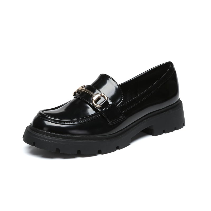 Vera Creation Women's Chunky Platform Loafers with Buckle Patent Leather Black Penny Loafers Fashion Office Work Business School Dressy Casual Shoes Comfortable Slip-on (Black+Gold Buckle Pro 8) - Image 1