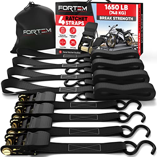 FORTEM أحزمة ربط فورتيم، قوة كسر 1650 رطل، مجموعة 4 حزم 15 قدم × 1 بوصة، أحزمة ربط، 4 حلقات ناعمة، أحزمة دراجات نارية، مشابك كام للشحن للشاحنات، مقابض مطاطية، حقيبة حمل - Image 1