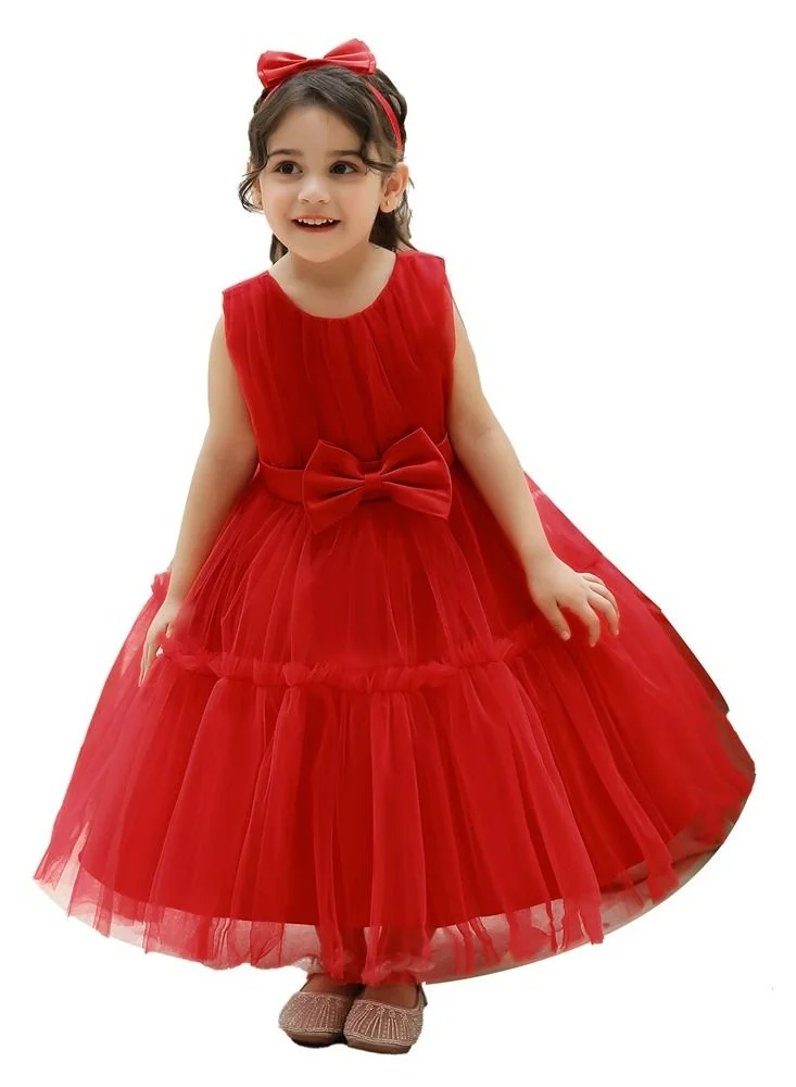 بيبي كلو Elegant red dress with frills and bow for girls
