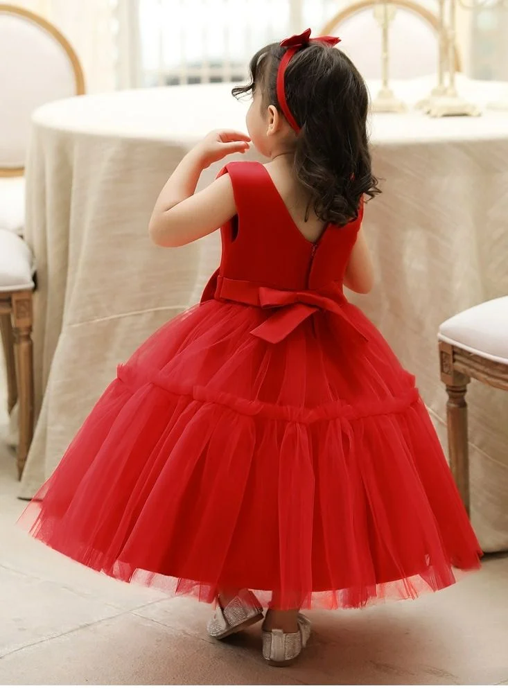 بيبي كلو Elegant red dress with frills and bow for girls