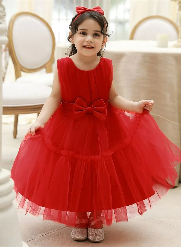 بيبي كلو Elegant red dress with frills and bow for girls