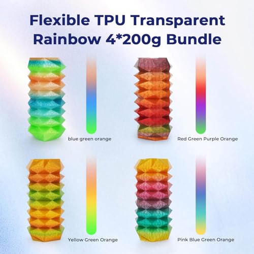 AMOLEN TPU 3D Printer Filament Bundle, Transparent Multicolor Rainbow TPU 1.75mm, Color Change Flexible Soft TPU 3D Printing Filament Supports High Speed, 200gX4 Spools - Image 3