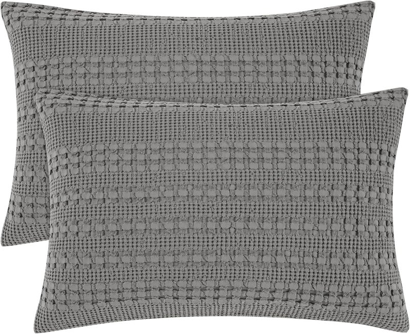 PHF 100% Cotton Waffle Pillow Shams California King Size, 2 Pack 20" x 40" Soft Skin-Friendly Pillowcases, No Filling, Aesthetic Woven and Breathable Waffle Weave Pillow Case Covers for Bed, Dark Grey - Image 1