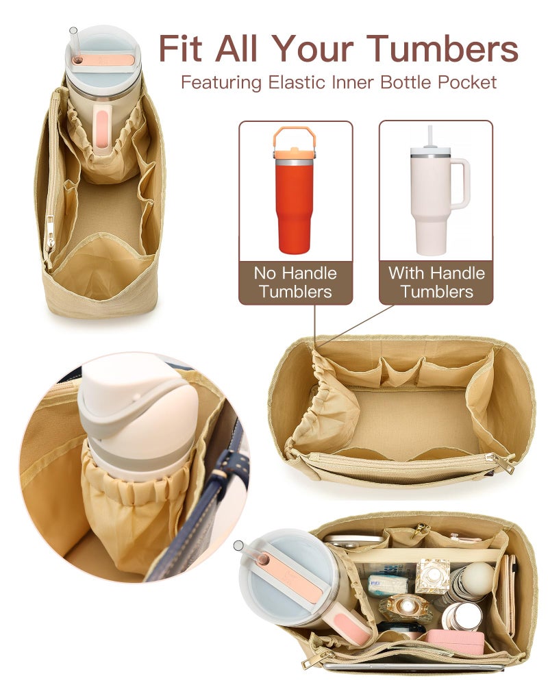 TOVICE Tote Bag Organizer Insert with Stanley Cup Holder and Zipper Bag, Compatible with Neverfull, Saint Louis and More, 9 Pockets (Beige, X-Large) - Image 2