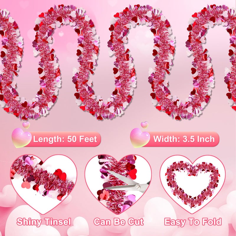 Grastfu 50 Feet Valentines Day Garland Decor, Red Pink White Heart Tinsel Garland Valentines Day Decorations Metallic Twist Shiny Hanging for Tree Classroom Home Indoor Party Supplies Romantic Decor - Image 2