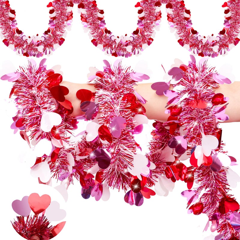 Grastfu 50 Feet Valentines Day Garland Decor, Red Pink White Heart Tinsel Garland Valentines Day Decorations Metallic Twist Shiny Hanging for Tree Classroom Home Indoor Party Supplies Romantic Decor - Image 1