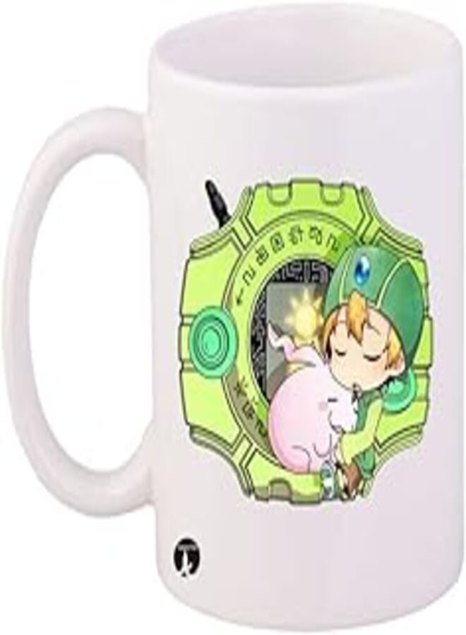 RYN PRINTED Design Digiimon Mug White Green Pink 11ounce